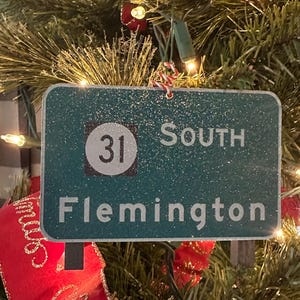 May include: A green and white Christmas ornament shaped like a highway sign. The sign reads "31 SOUTH Flemington".