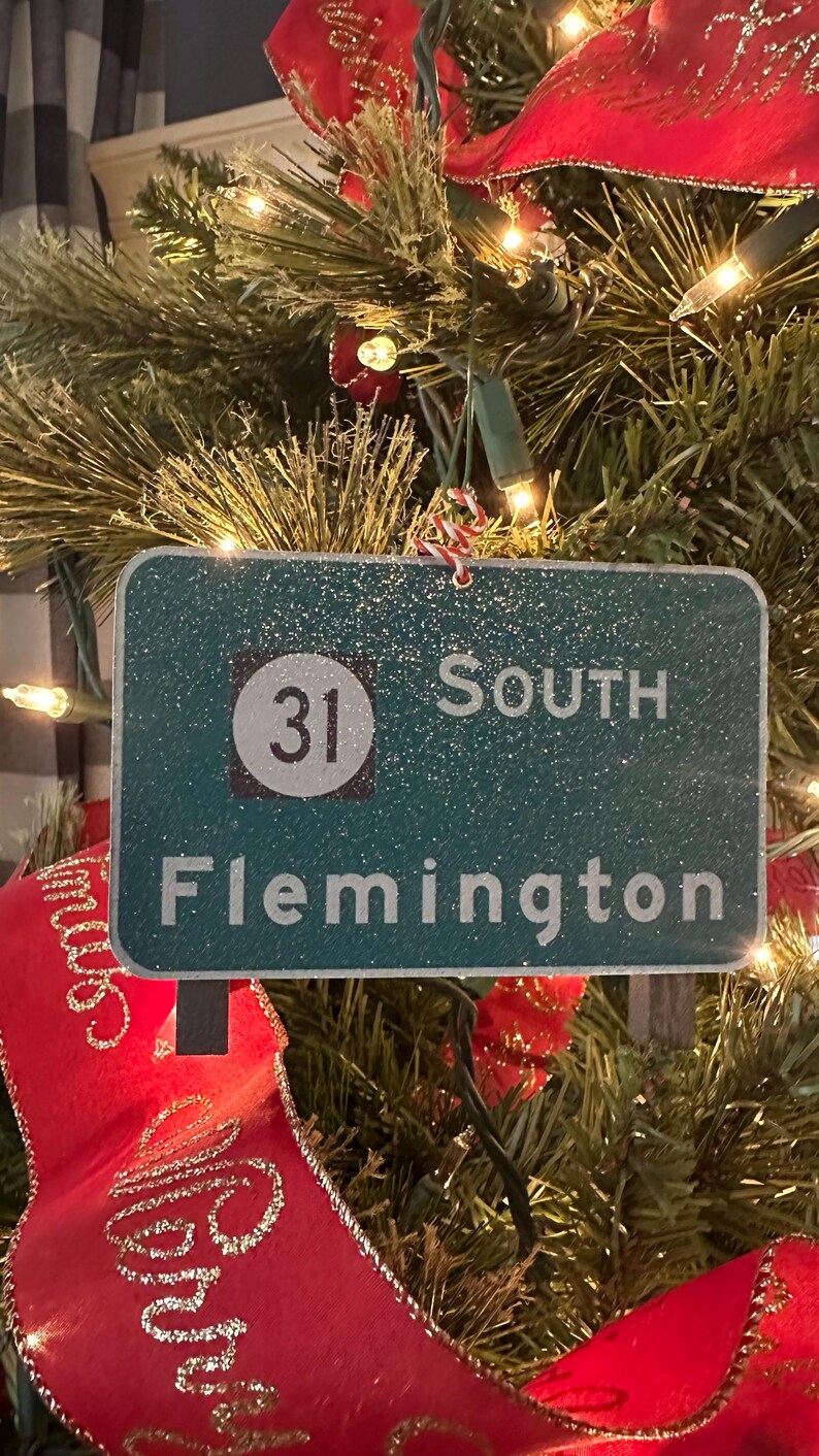 May include: A green and white Christmas ornament shaped like a highway sign. The sign reads "31 SOUTH Flemington".