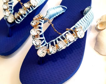 Blue Havaianas Customized with Rhine Stones and Macrame