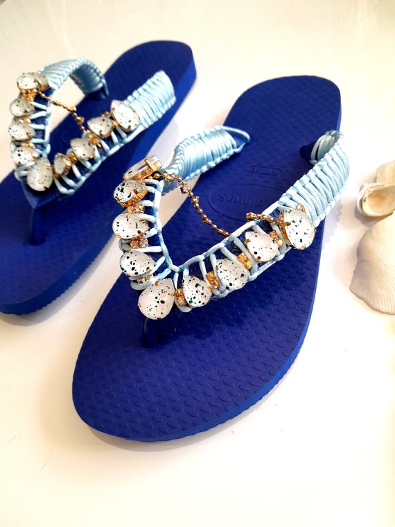 Blue Havaianas Customized With Rhine Stones and Macrame 