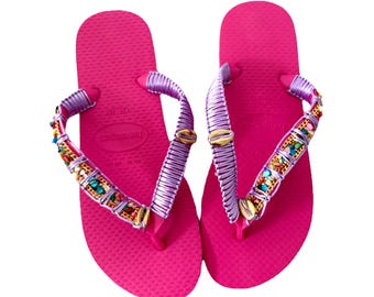 Customized Pink Havaianas with Colorful Stone Chain, Golden Sea Shell & Macrame