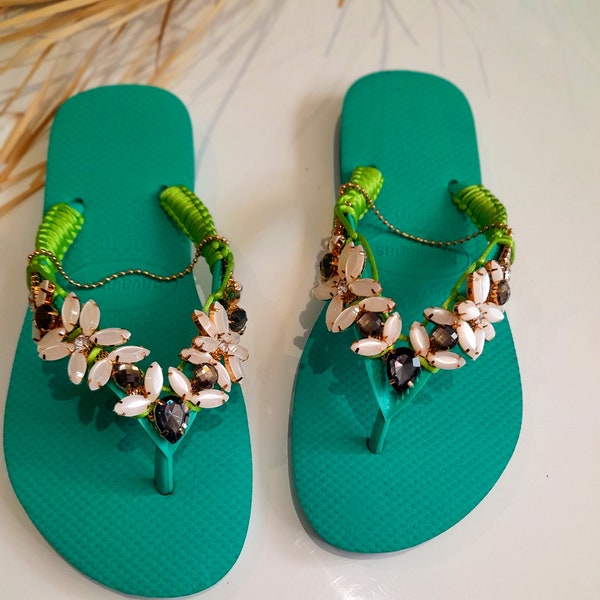 Handcrafted Havaianas with Rhine Stones macrame Flip Flops