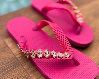 Hand-Finished Pink Havaianas with Neon Pink Silk & Gold Chain Strap