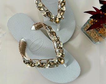 Customized White Havaianas with Floral Rhinestones & Golden Silk Thread Macramé