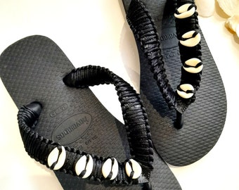 Black Havaianas Customized Little Shells and Macrame