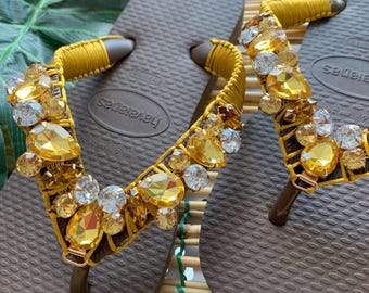 Havaianas Brown Gold Flip Flops with Personalized Rhinestones and Macramé