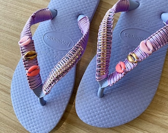 Purple Havaianas Customized with Little Shells and Macrame