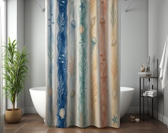 Coastal Ocean Shower Curtain & Bath Mat Set Watercolor Jellyfish Seashell Bathroom Decor | Beach House Ocean Life Decor Gift