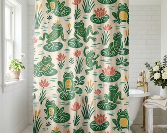 Frog Pond Shower Curtain, Whimsical Lily Pad Frogs Bathroom Mat Set Available, Fun Housewarming Gift
