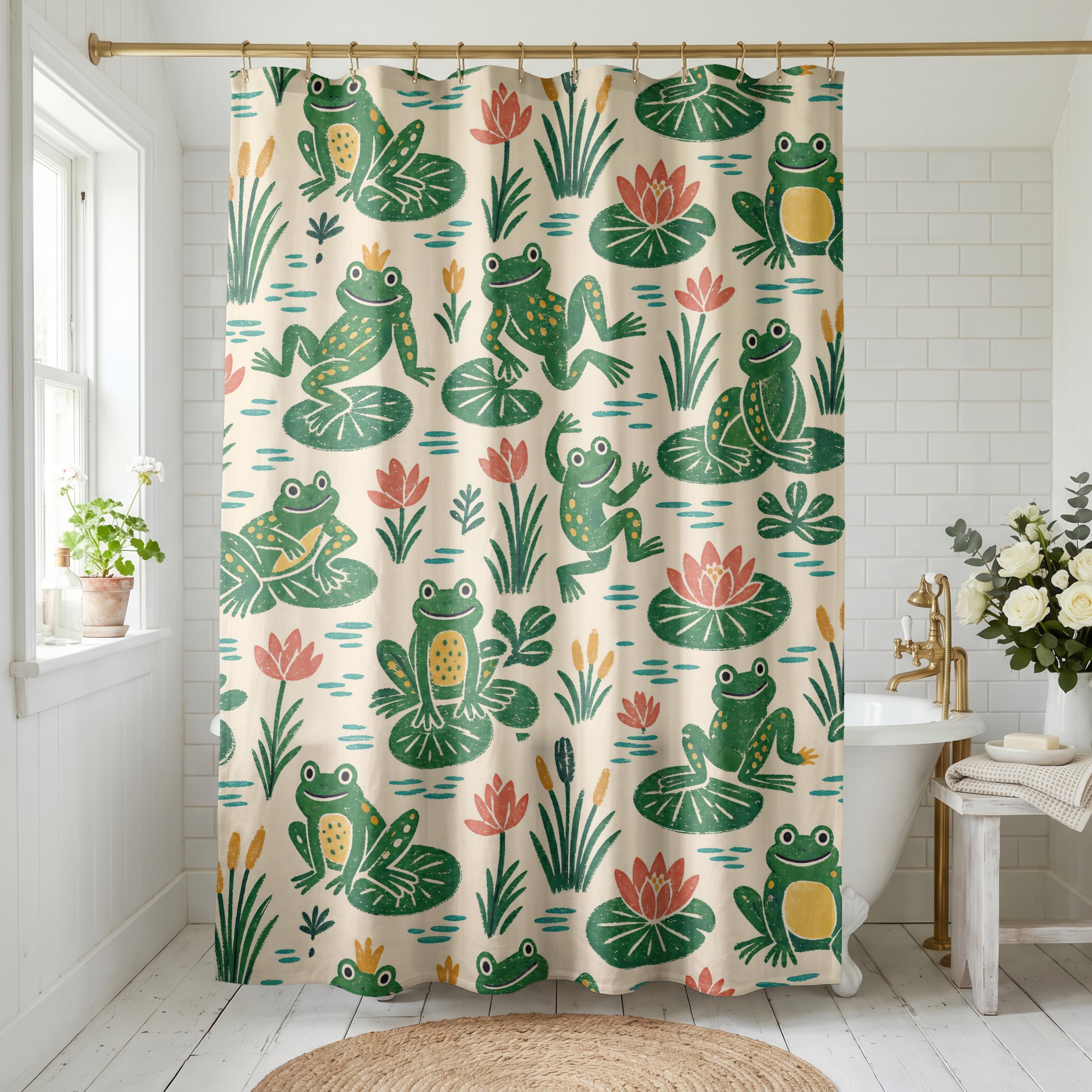 Frog Pond Shower Curtain, Whimsical Lily Pad Frogs Bathroom Mat Set…