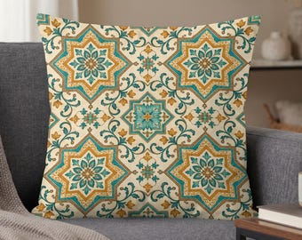 Moroccan Throw Pillow Cover, Teal Gold Geometric Accent, Mediterranean Decor, Housewarming Gift