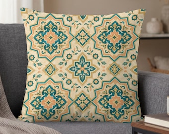 Moroccan Pillow Cover, Boho Floral Cushion Case, Teal Peach Geometric Accent, Home Decor Gift