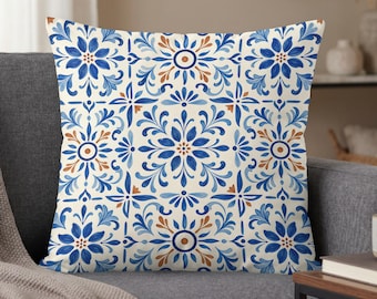 Portuguese Azulejo Pillow Case | Blue Floral Tile Print Throw Pillow Cover | Mediterranean Decor Home Accent Gift