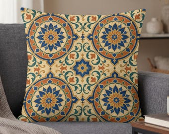 Blue Orange Moroccan Pillow Cover, Mandala Cushion for Sofa, Global Inspired Home Accent