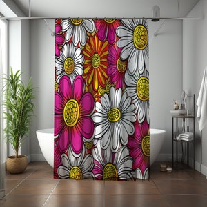 Vibrant Retro Floral Shower Curtain, 71x74, 60s 70s Inspired Bathroom Decor, Colorful Polyester Bath