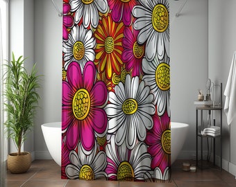 Cortina de chuveiro floral retrô vibrante, 71x74, decoração de banheiro inspirada nos anos 60 e 70, poliéster colorido.
