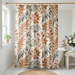 Botanical Shower Curtain, Rust Orange and Gray Wildflower Bathroom Decor Set, Boho Nature Fabric Bath Curtain and Mat,