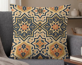 Moroccan Tile Pillow Cover, Boho Geometric Faux Gold Print, Eclectic Living Room Accent, Housewarming Gift