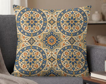 Boho Medallion Pillow Cover, Moroccan Floral Pillow Case, Global Eclectic Decorative Cushion, Ornate Blue Orange Gold Accent Pillow