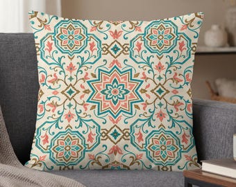 Moroccan Geometric Pillow Cases, Teal Coral Decor for Living Room, Boho Home Accent Cushion Covers