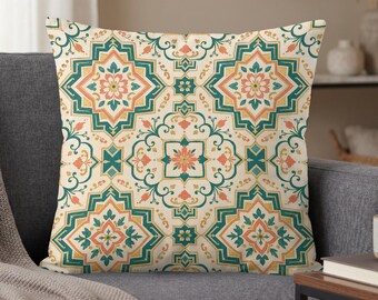 Moroccan Tile Pillow Cover, Mediterranean style floral geometric design, Boho living room decor