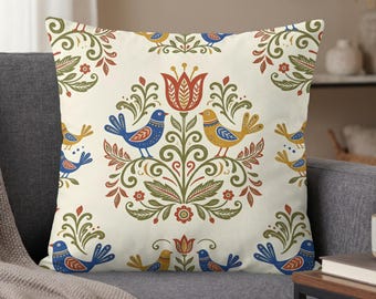 Folk Art Bird Pillow Case, Scandinavian Floral Cottagecore Cushion Cover, Whimsical Nordic Home Decor Gift