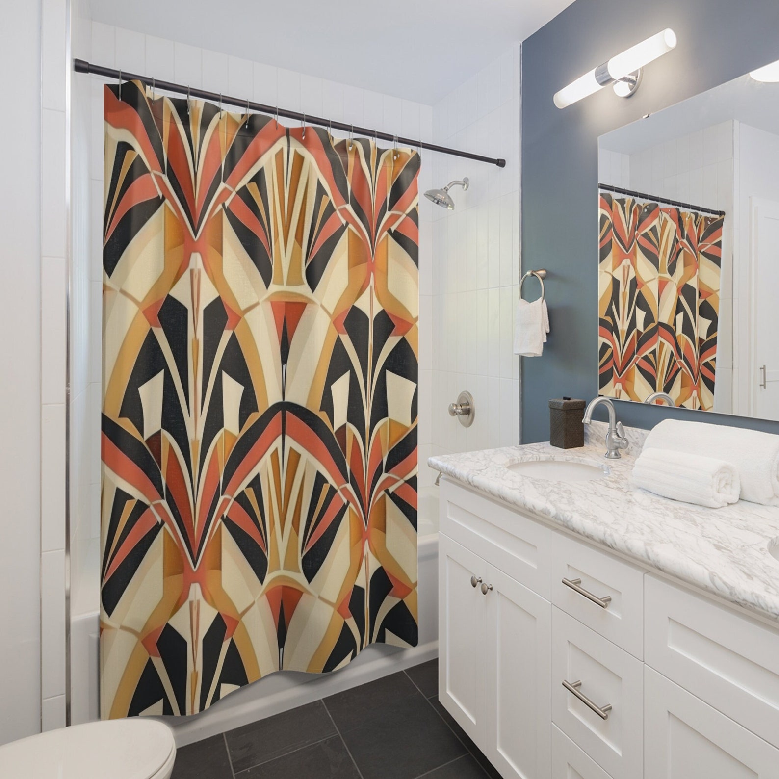 Art Deco Shower Curtain, Geometric Bath Decor, Vibrant Bathroom, Modern