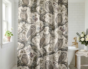 Owl Shower Curtain, Vintage Woodland Birds Bathroom Decor, Water-Resistant Fabric Curtain With Botanical Branches, Bath Mat Set Available