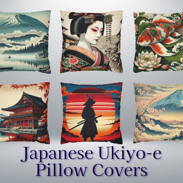 Japanese Ukiyo-e Pillow, Vintage Art Throw Pillow, Asian Decorative Cushion, Samurai Geisha Mt Fuji, Artistic Pillow Cover, Oriental Style