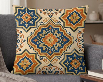Blue Orange Moroccan Pillow Cover, Bohemian Medallion Accent for Global Interiors, Ornate Tile Design