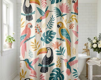 Tropical Toucan Parrot Shower Curtain, Vivid Bird Print Bathroom Decor, Water-Resistant Fabric, Alone or With Matching Bath Mat Set