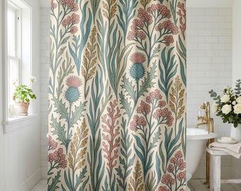 William Morris Thistle Shower Curtain, Botanical Floral Bath Curtain and Mat Set, Vintage Wildflower Bathroom Decor, Housewarming Gift