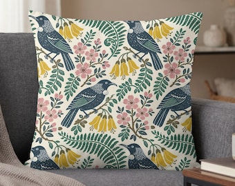 Tui Bird Botanical Pillow Case, Cottagecore Floral Fern Cushion Cover, Nature Inspired Whimsical Bird Art Home Decor Gift
