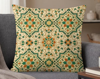 Moroccan Throw Pillow Cover, Bohemian Cushion for Living Room, Geometric Faux Gold Pattern, Housewarming Gift