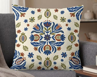 Folk Art Floral Pillow Case, Boho Botanical Home Decor, Rustic Scandinavian Style Cushion Cover, Vintage Inspired Housewarming Gift