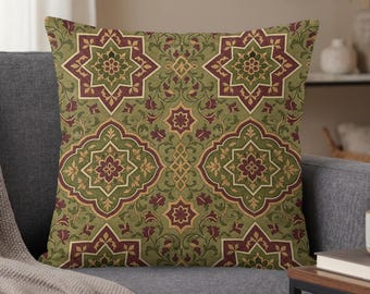 Moroccan Throw Pillow Cover, Green Burgundy Decor with Moorish Tile Pattern, Bohemian Home Style