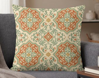 Moroccan Tile Pillow Cover, Spanish Pattern for Living Rooms, Boho Cushion Decor with Concealed Zipper