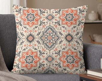 Boho geometric pillow cover, Terracotta and grey vintage pattern, Global chic cushion for sofas, Home Decor Gift