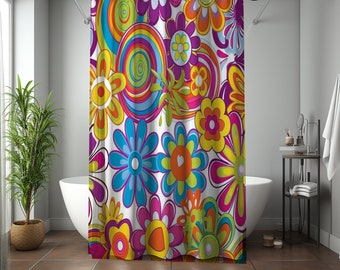Cortina de chuveiro retrô colorida, estampa inspirada nos anos 60 e 70, 100% poliéster durável, decoração vibrante para banheiro, 180 x 188 cm, decoração retrô e moderna para banheiro.