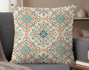 Moroccan Throw Pillow Cover, Teal Coral Design for Boho Rooms, Mediterranean Style Accent, Housewarming Gift