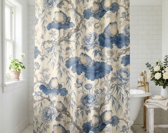 Frog Toile Shower Curtain, Blue and Cream Chinoiserie Bathroom Decor, Vintage Botanical Lotus Print, Water-Resistant Fabric, Set Available