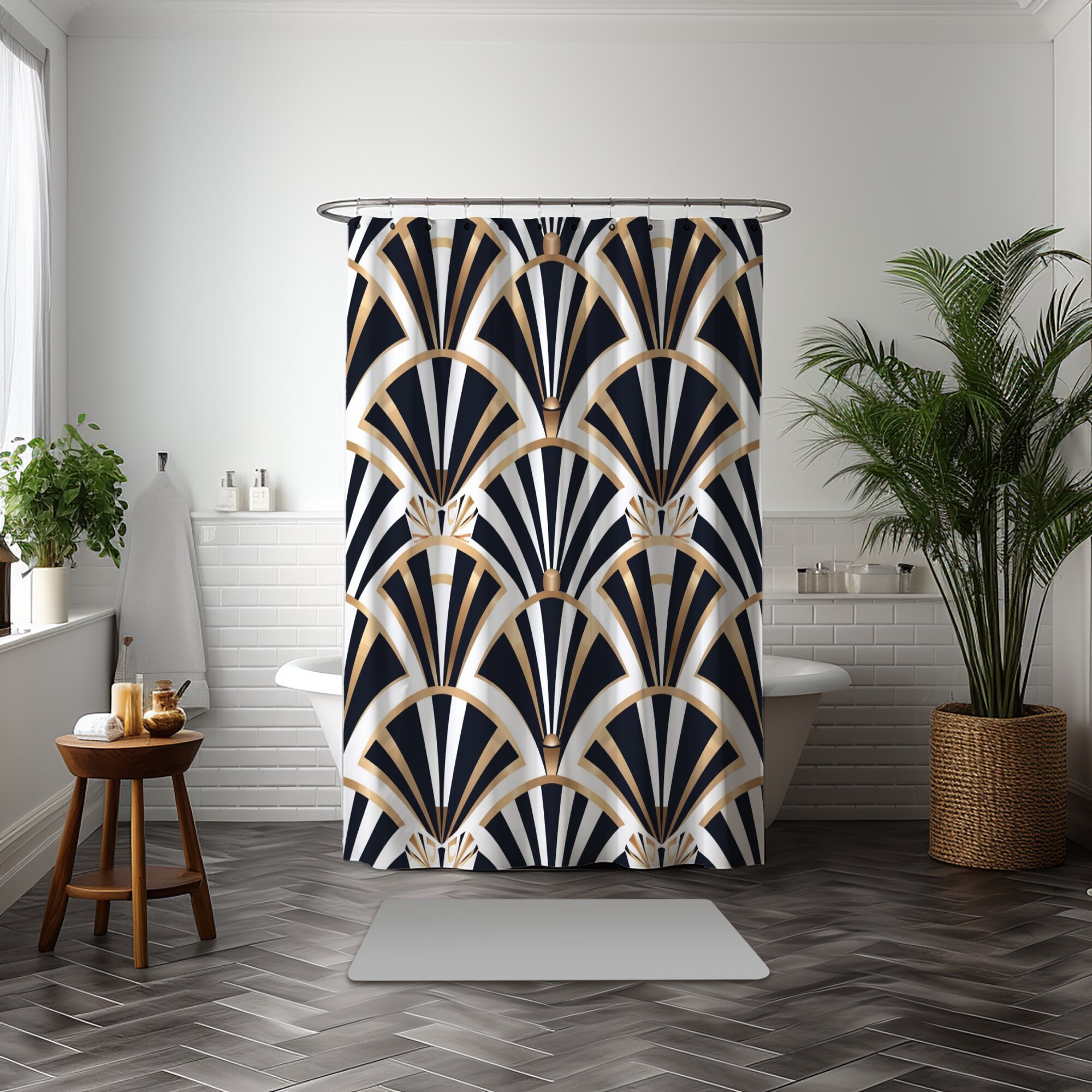 Art Deco Shower Curtain, Geometric Polyester Bathroom Decor, Modern