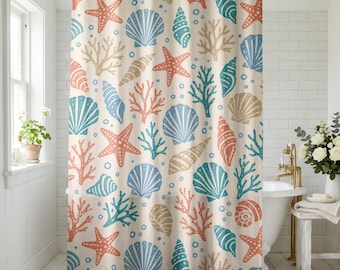 Seashell Shower Curtain, Coastal Starfish Coral Bathroom Decor, Water Resistant Fabric, Beach Nautical Bath Mat Set, Tan Teal Coral