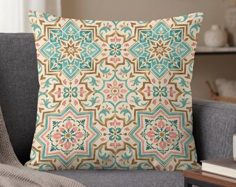 Moroccan Throw Pillow Cover, Aqua Pink Faux Gold Boho Home Decor, Eclectic Geometric Tile Design