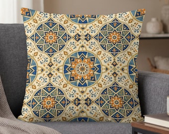 Blue Moroccan Pillow Cover, Orange Medallion Accent, Boho Mediterranean Home Decor, Housewarming Gift