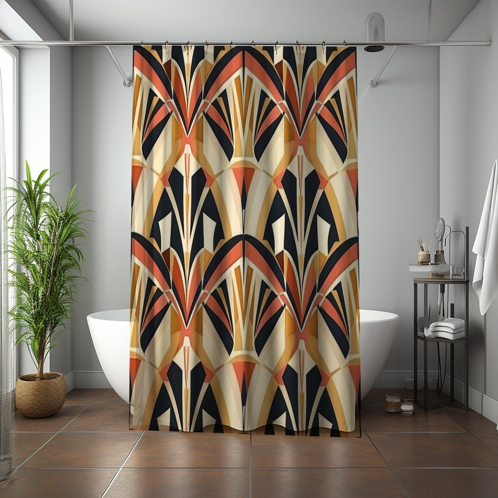 Art Deco Shower Curtain, Geometric Bath Decor, Vibrant Bathroom, Modern