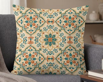 Moroccan tile pillow cover, Teal orange cushion for boho homes, Mediterranean accent decor