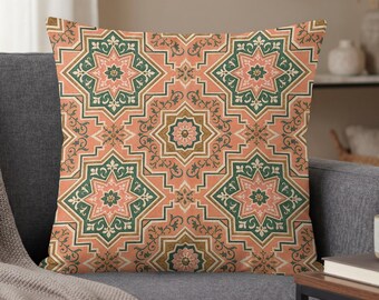 Moroccan Pillow Case, Peach Green Boho Cushion Cover with Faux Gold Pattern, Geometric Throw for Sofa, Mediterranean Home Accent