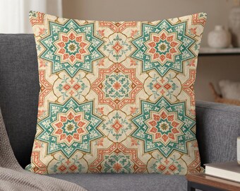 Moroccan Geometric Pillow Cover, Mediterranean Decor for Eclectic Home, Faux Metallic Print Accent