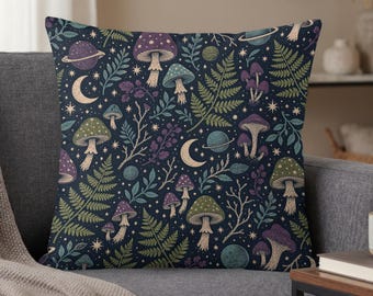 Mushroom Celestial Pillow Case, Witchy Forest Cottagecore Decor, Whimsigoth Woodland Moon Planet Stars Throw Pillow Cover